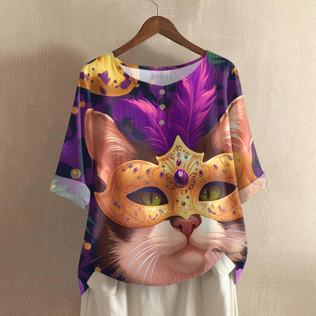 Women's Fashionable And Casual Shirt Half Sleeve Round Neck Print Cotton And Linen Blouse Top