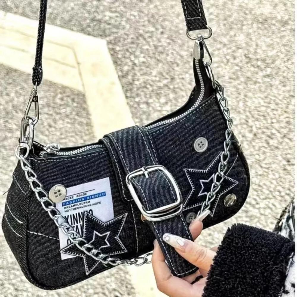 Y2k Fashi Women's Handbags Stars Pattern Cool Girls Underarm Bag Vintage Canvas Female Small Shoulder Bags Chain Tote Purses
