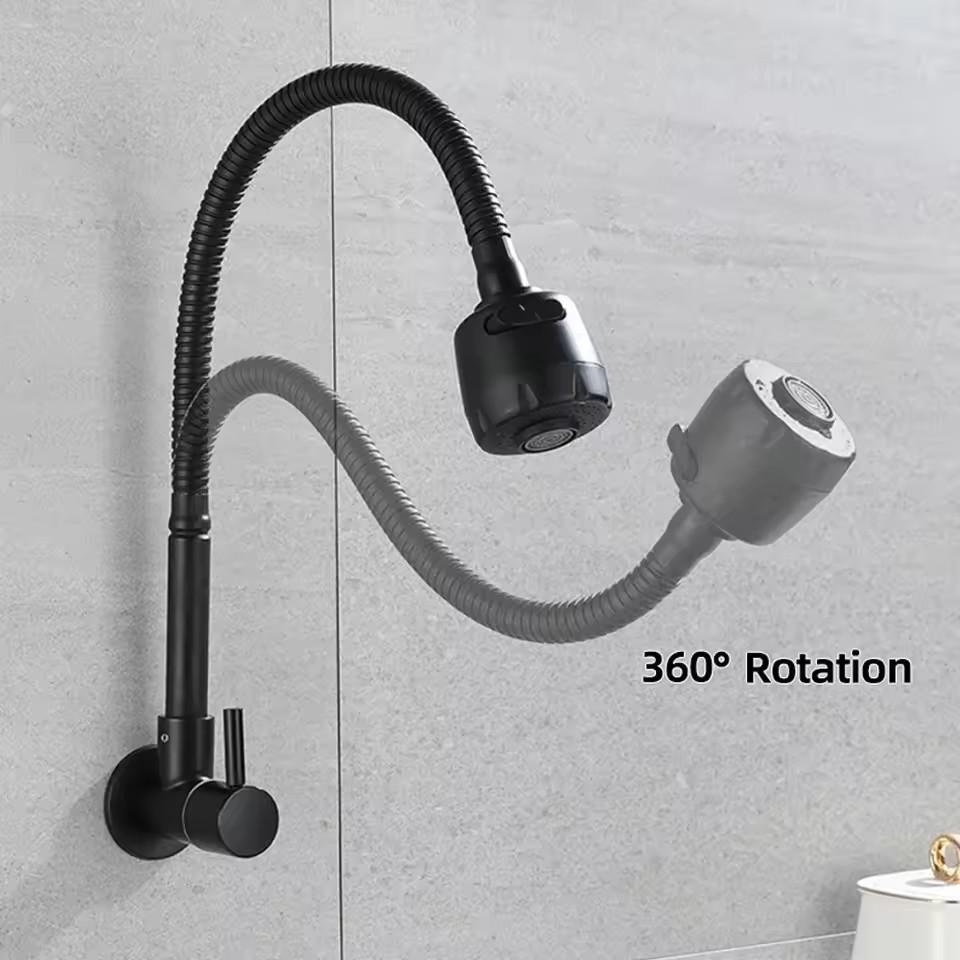 Black Baking Varnish 360° Kitchen Wall Mounted Faucet Single Cold Universal Vegetable Basin Faucet Bathroom Balcony Faucet