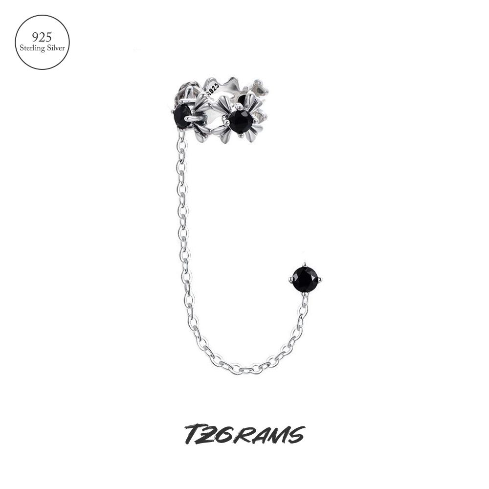 

925 Sterling Silver One Piece Earbone Clip Earrings with Onyx Black Stone Long Tassel Chain Ear Cuff for Sweet Cool Girl