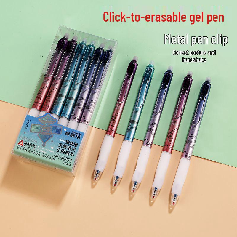 Crystal Blue Erasable Gel Pen: Metal Clip, Press-to-Erase, Triangular Grip, 0.5mm Bullet Tip for Correct Hand Posture.