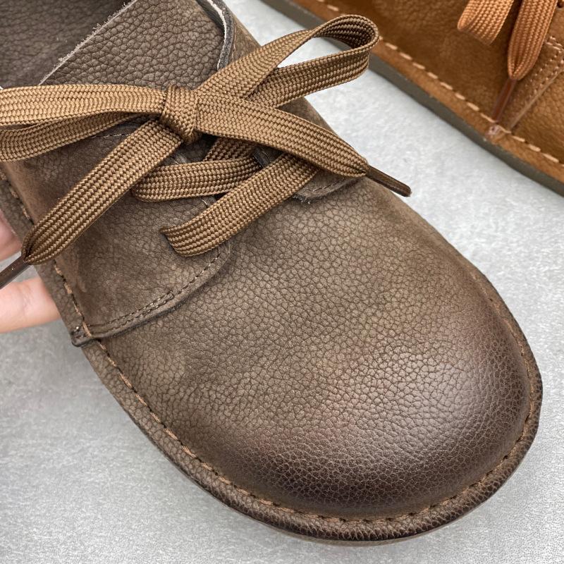 Johnature Casual Genuine Leather Lace-up Flats Round Toe Solid Color Cowhide Versatile Women's Shoes