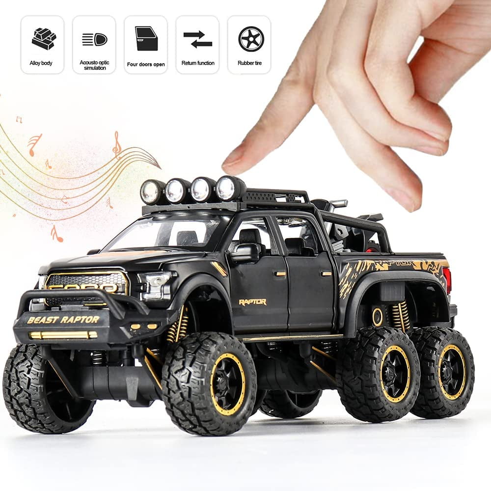 1/24 Scale Toy Pickup Trucks, Truck Toy, Ford F150 Diecast Metal Pickup with Sound and Light, 6x6 Off-Road Pull Back Trucks with Motorcycle for Kids