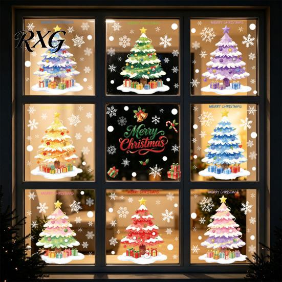 Static Cling Window Decals 9Pcs Macaron Christmas Tree Clings, Snowflake Gift Glass Stickers, Reusable for Shop Home Holiday Decoration Atmosphere