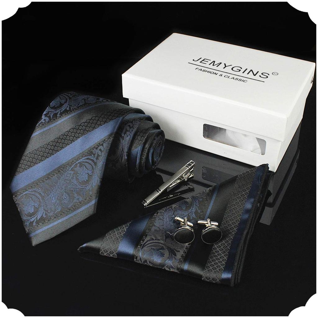 [JEMYGINS] Herren Marineblau gestreifte Krawatte, Anstecknadel, Manschettenknöpfe, Einstecktuch, Business, Jobsuche, Hochzeit, Aufnahmefeier, Abschlussfeier, After-Party,