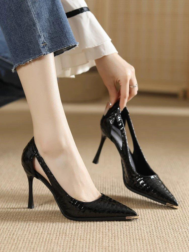 

Сумка из лакированной кожи с узором под камень, туфли-лодочки на высоком каблуке, женские, полые, сексуальные, однотонные, для работы, на каблуке, с металлическим острым носком, защита от ударов 34 чёрный