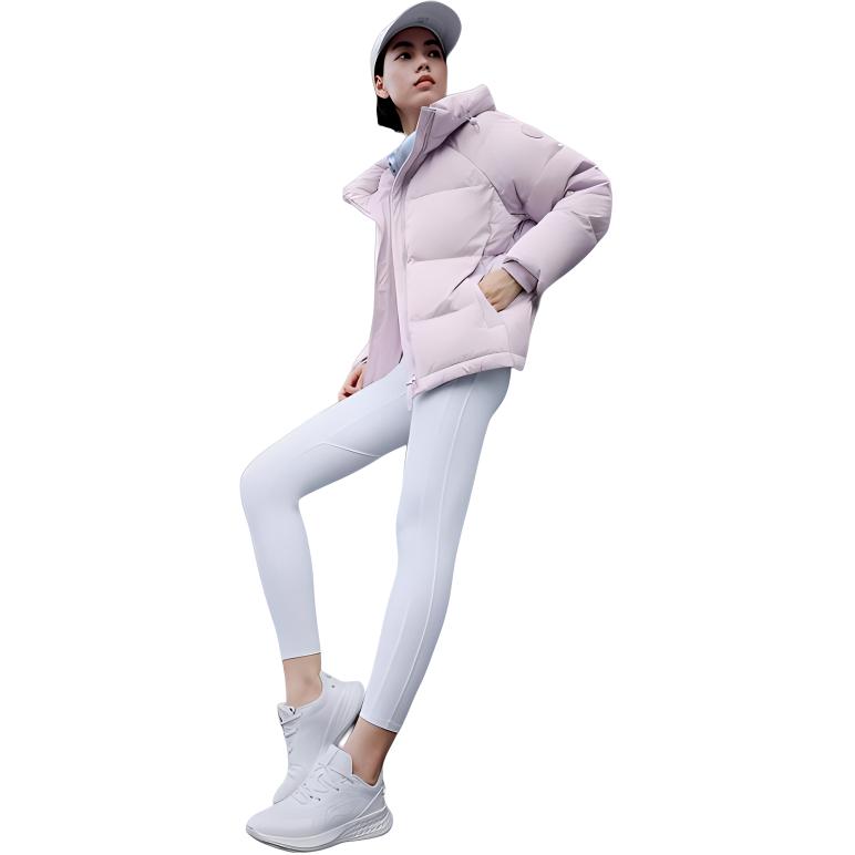 Li-Ning Hooded Solid Color Raglan Winter Versatile Casual Short Down Jacket Women Outerwear Silk-Purple AYMU700-1