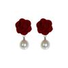 Orecchini a forma di rosa rosso vino floccato con perla - Stile retrò Hong Kong per donna, temperamento di alta classe, perfetti per autunno e inverno.