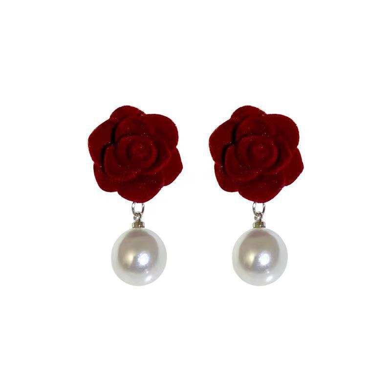 Orecchini a forma di rosa rosso vino floccato con perla - Stile retrò Hong Kong per donna, temperamento di alta classe, perfetti per autunno e inverno.