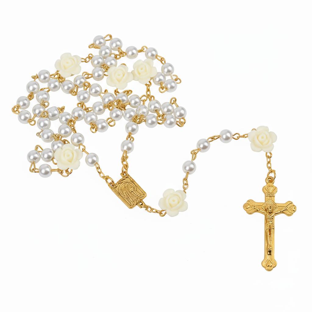 Religion Rosary Necklace For Women Crucifix Cross Pendant 6MM Long Glass Beads Rose Chain Choker Female Prayer Jewelry Gift