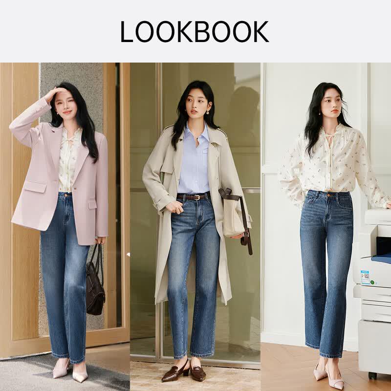 Xiangying Vintage Blue High-Waisted Straight-Leg Cropped Jeans