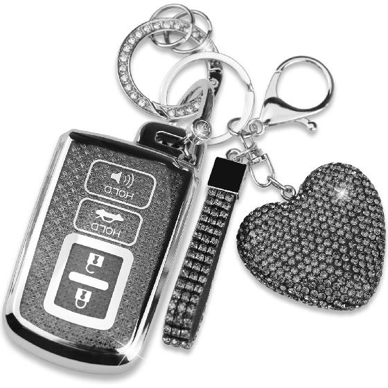 Key Fob Cover with Heart Keychain, Girly Car Key Shell for Women, Compatible with Toyota Avalon Camry Corolla Highlander RAV4 2012- Smart Remote Key чёрный