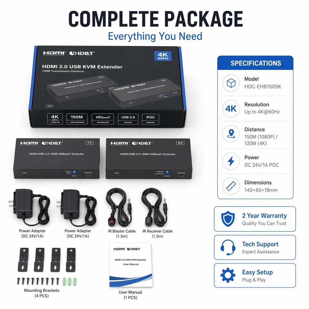 4K 60Hz 120M HDMI KVM Extender Over RJ45 Ethernet Cat6 Cable HDMI USB Extender Transmitter Receiver for Camera Mouse Keyboard