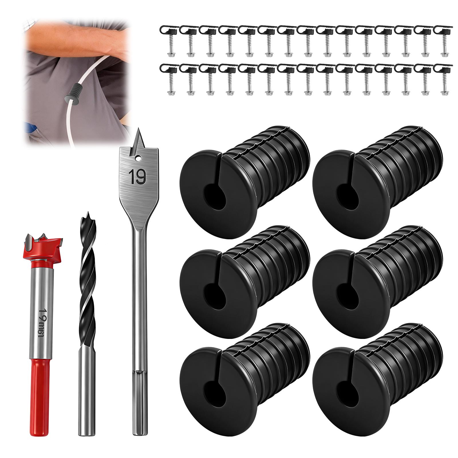 

39 Pcs Cable Routing Kit Cable Installation Kit Mounting Accessories Including 6 Grommet 3 Drill Bit and 30 Wall Clamp for Wall чёрный