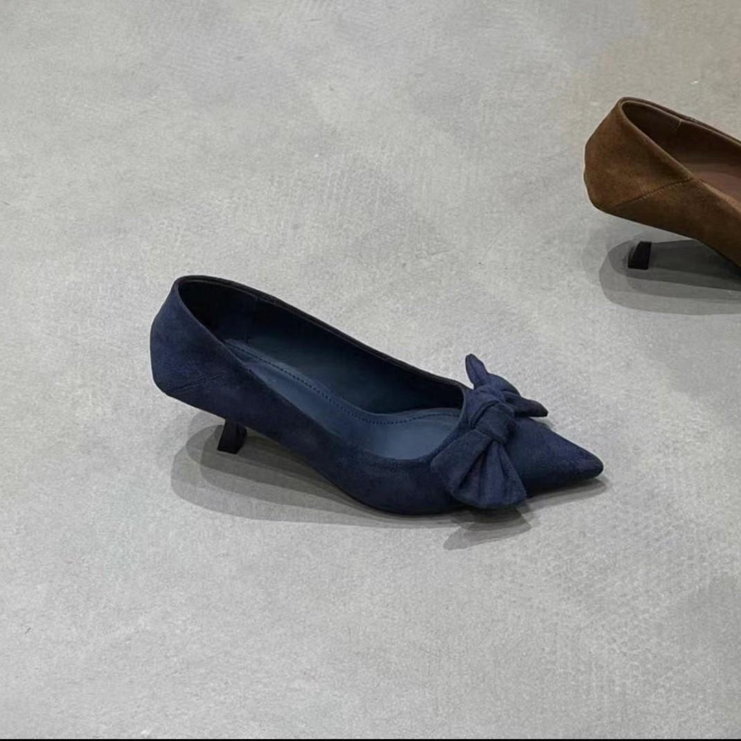 

2025 autumn new pointed suede bow retro high heels women s fashion versatile stiletto commuter shoes 39