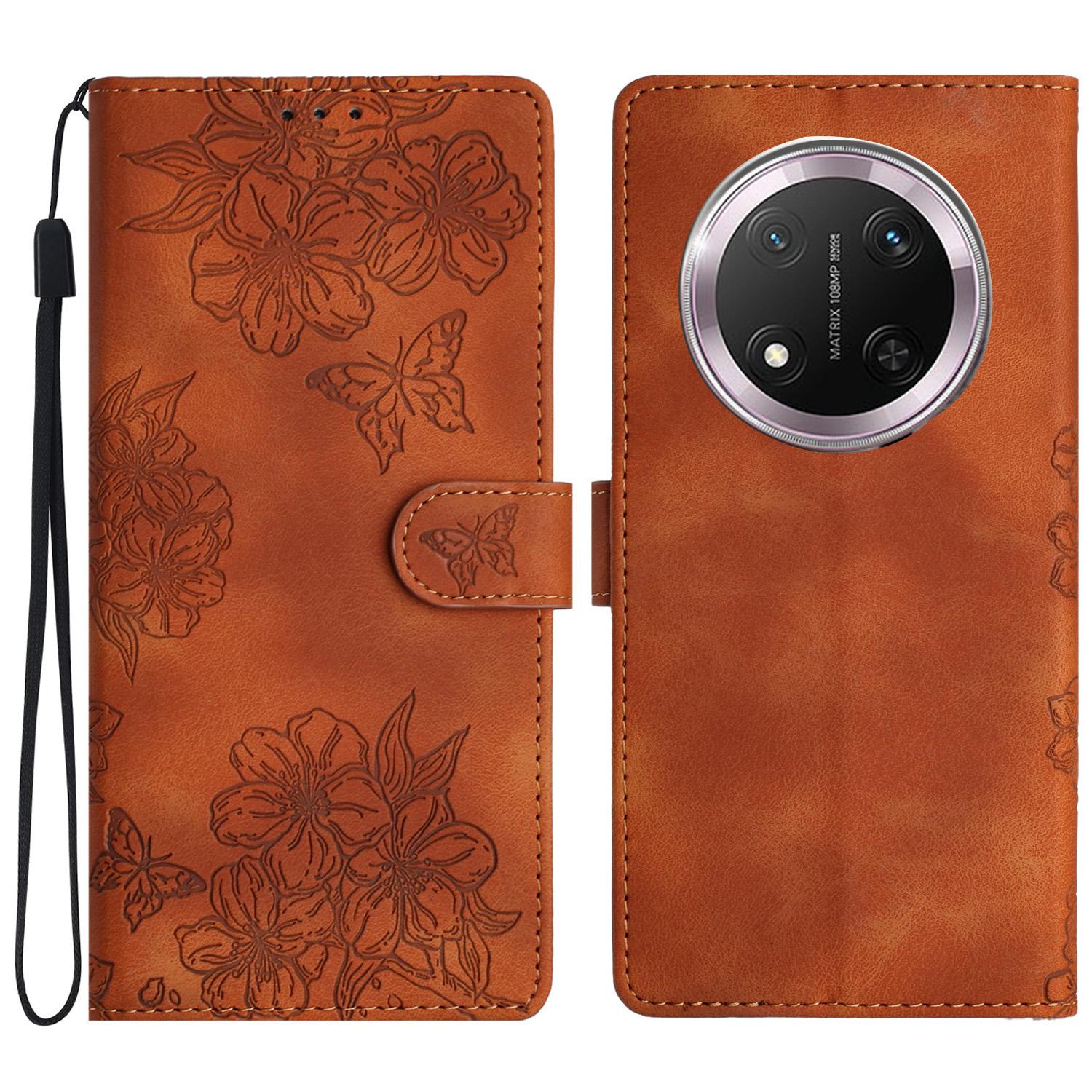 

For Honor X9c 5G Case Butterfly Flower Pattern Skin-Touch Leather Phone Cover Brown