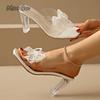 Fashion Lace Pearl Bowknot High Heel Slippers for Women Summer Square Toe Transparent Heeled Pvc Sandals Woman Fashion Party Dress Shoes