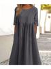 Plus Size Round Neck Solid Pleated Pocket Loose Casual Midi Comfortable Dress S-5XL Lightweight Recognition Elegant with Flattering Chic Dress