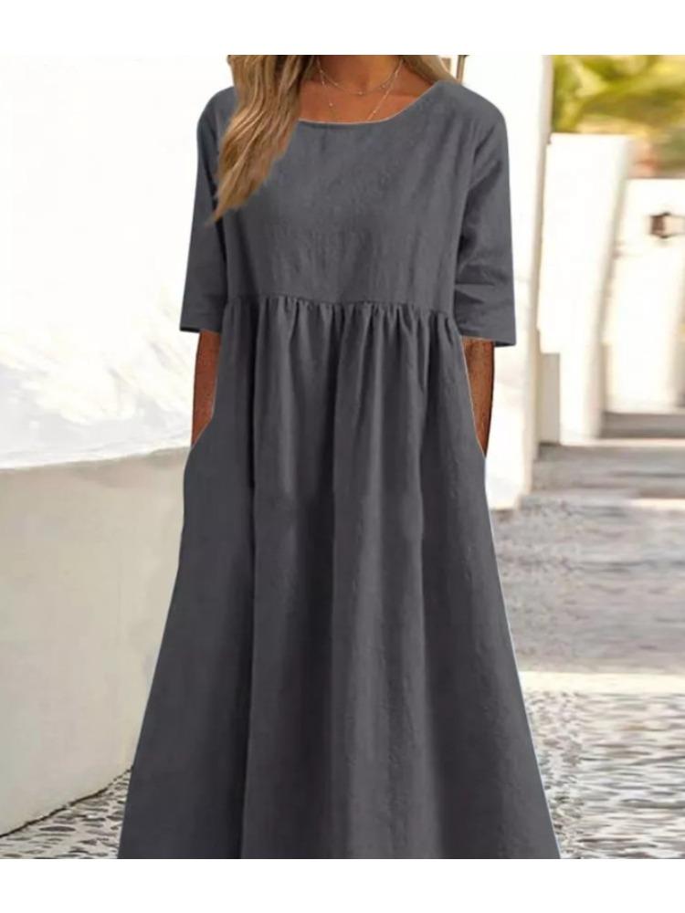 Plus Size Round Neck Solid Pleated Pocket Loose Casual Midi Comfortable Dress S-5XL Lightweight Recognition Elegant with Flattering Chic Dress