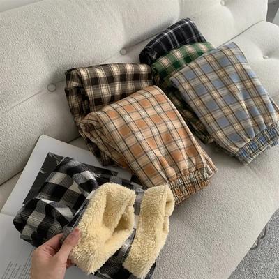 Fashion Warm Plush Pants Cashmere Thick Plaid Ladies Winter Casual Loose Wide-legged Pants Streetwear Students