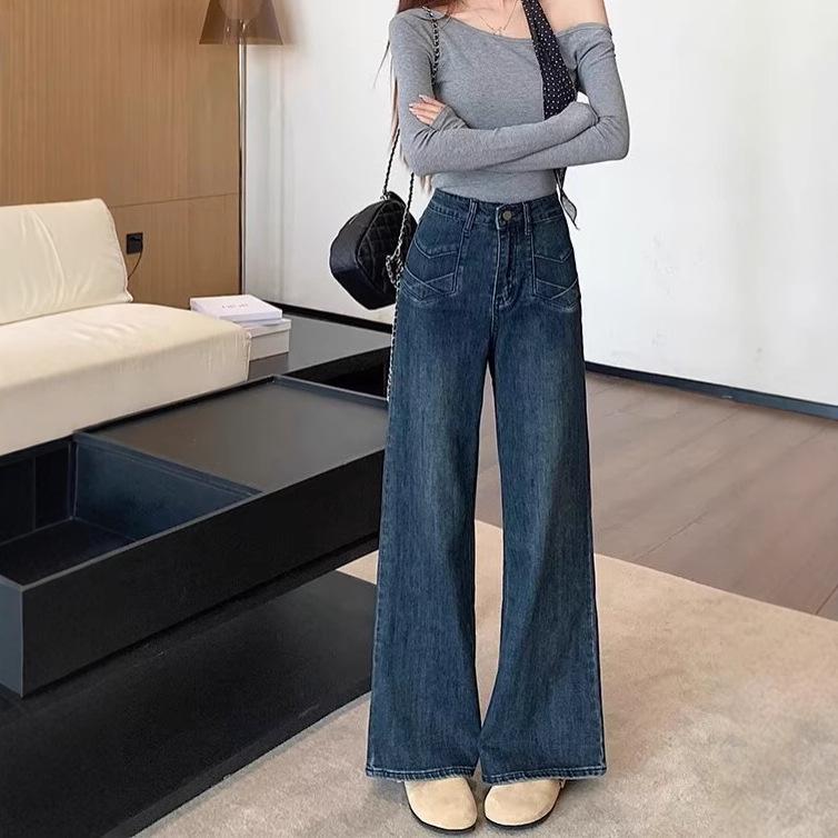 Plus Size Stretch High Waist Straight-Leg Jeans for Pear-Shaped Women - Slimming Design Wide Leg Long Pants