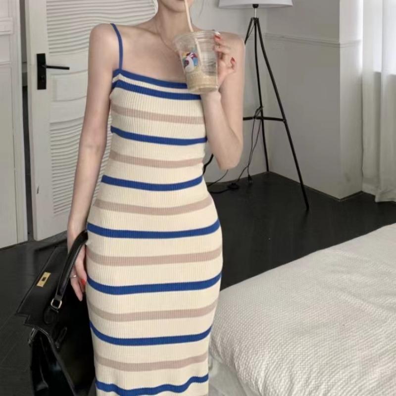 Elegant Camisole Dress Women's Summer New Sleeveless Slim Knitted Striped Midi Dress