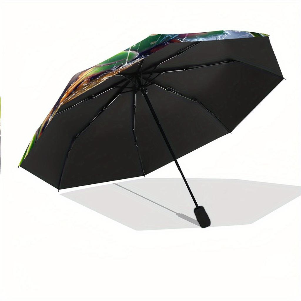 Automatic Open/Close Folding Umbrella with Cute Green Frog & Raindrop Design - 8-Rib Compact Travel Umbrella with Ergonomic Ha