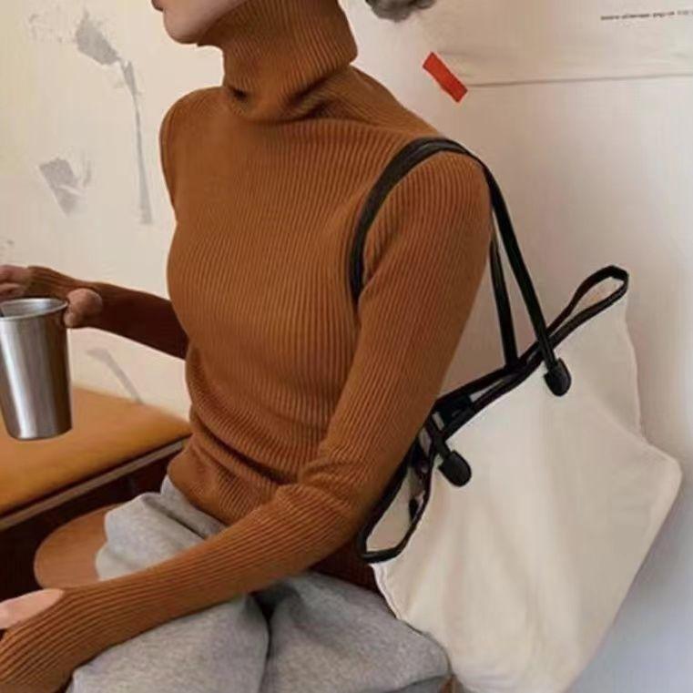 Suéter feminino de gola alta com pelo e manga de dedo, base de malha para primavera e outono, top all-match