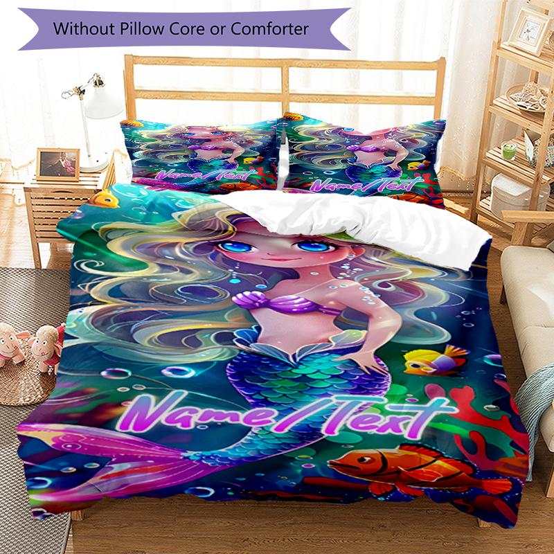 3PC Custom Name Mermaid Fantasy Underwater World Bedding Set Duvet Cover Closure Includes 1 Duvet Cover & 2 Pillowcases for Bedroom