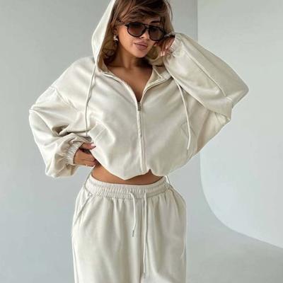 Casual European and American Fashion Suit Solid Color Long-sleeved Cardigan Zipper Hooded Sweater Lace-up Wide-leg Pants Two-piece Set