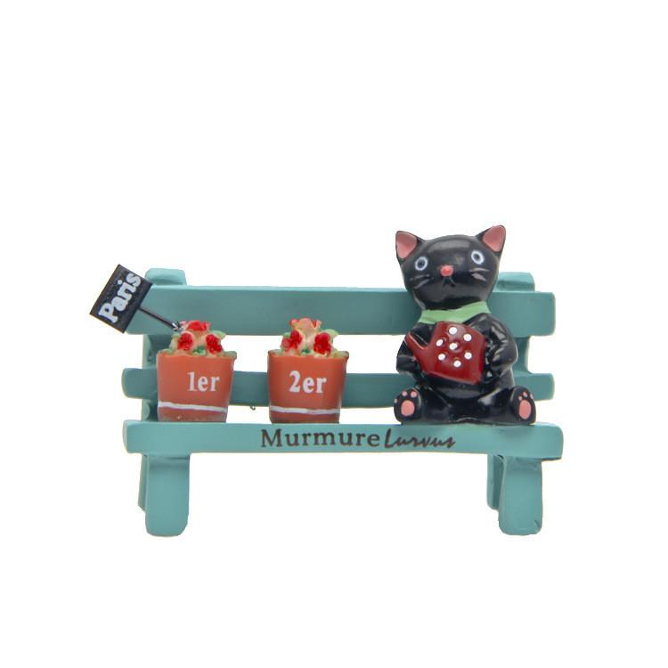Black Cute Cat Sitting On Bench Watering Flowers Resin Ornaments For Desk Decor