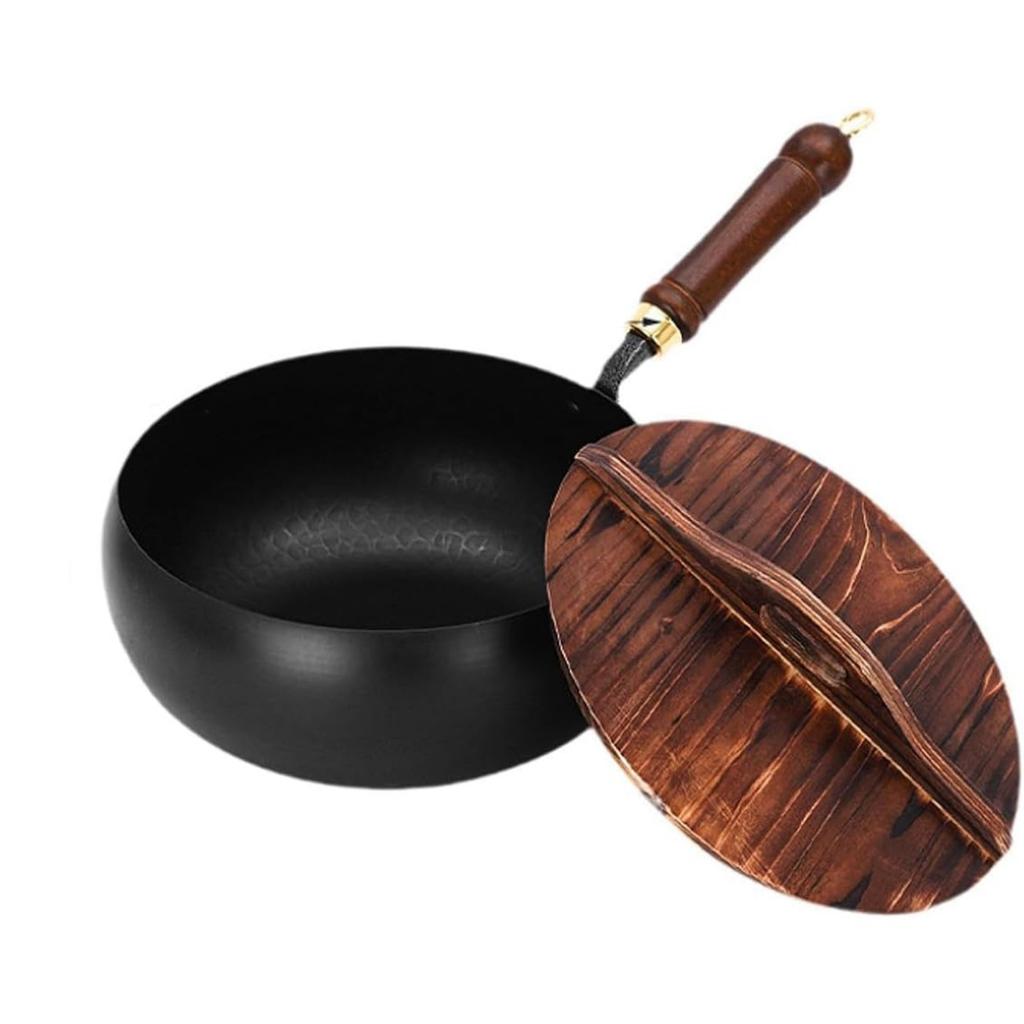 Ubelagt jernkjele, 9,45 tommer Håndsmedd Non-stick jernkjele, Ubelagt, For kokekar Gasswok Rund bunn med lokk