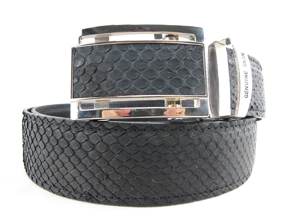 PELGIO Python Leather Auto Stopper Belt, Black,