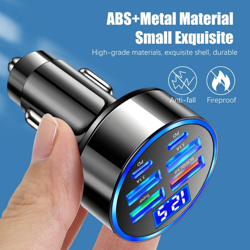 Nabíječka do auta s digitálním displejem 6v1 Podpora 4USB+2PD Super rychlé nabíjení DC12-24V Multiportová nabíječka pro mobilní telefon s digitálním displejem