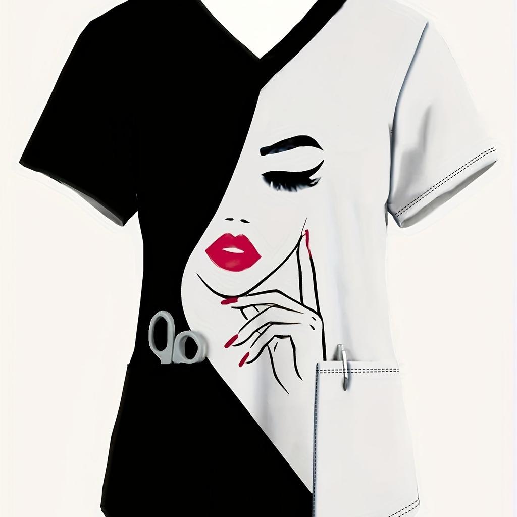 2025 Women's Summer Clothes Stylish Barber Uniform - Black V-Neck T-Shirt with Scissors Comb Print Perfect for Hairdressers