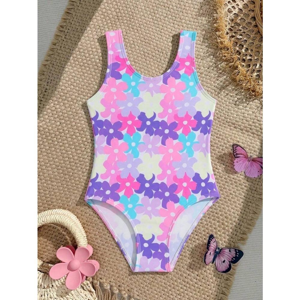 Girls One Piece Swimsuit Cute Cartoon Colorful Flower Print Sleeveless Swimwear Kids Summer Beach Bathing Suit