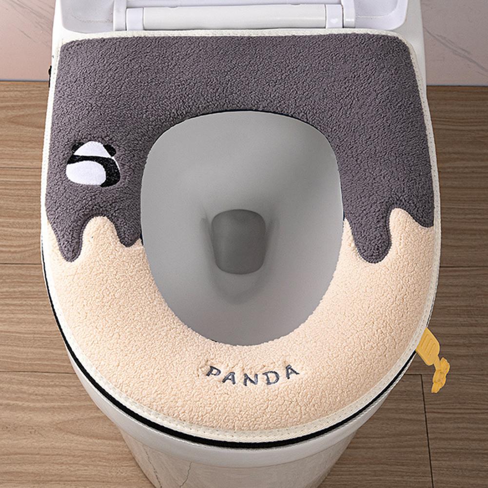 Winter-Toilettenkissen, weicher, warmer Toilettensitzbezug, Panda-Muster, Stickerei, Knopfdesign, verdicktes, bequemes Toilettenkissen