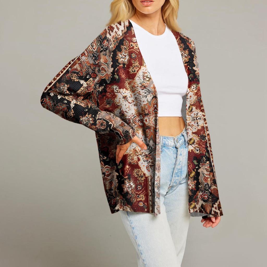 Women's Fashion Long Sleeve Print V-Neck Button Loose Cardigan Top