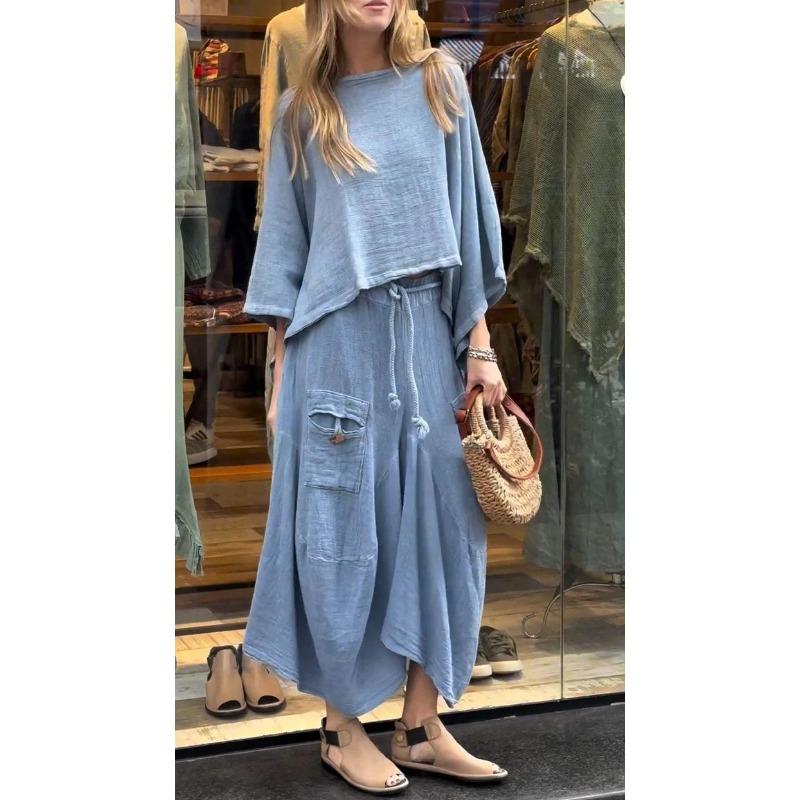 Damen Mode Lässig Einfarbiger Druck Sommer Frühling 3/4 Ärmel Rundhalsausschnitt Rock Anzüge