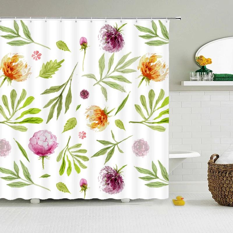Green Plant Leaves Shower Curtains Bath Curtain Bathroom 3d Printed Fresh Waterproof Polyester Cloth With Hooks Home Decor Mat