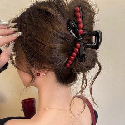 Korean Acrylic Black Bow Hair Claw for Women Fashion Red Beads Large Shark Clamp Hair Clip Headdress Hair Accessories  New