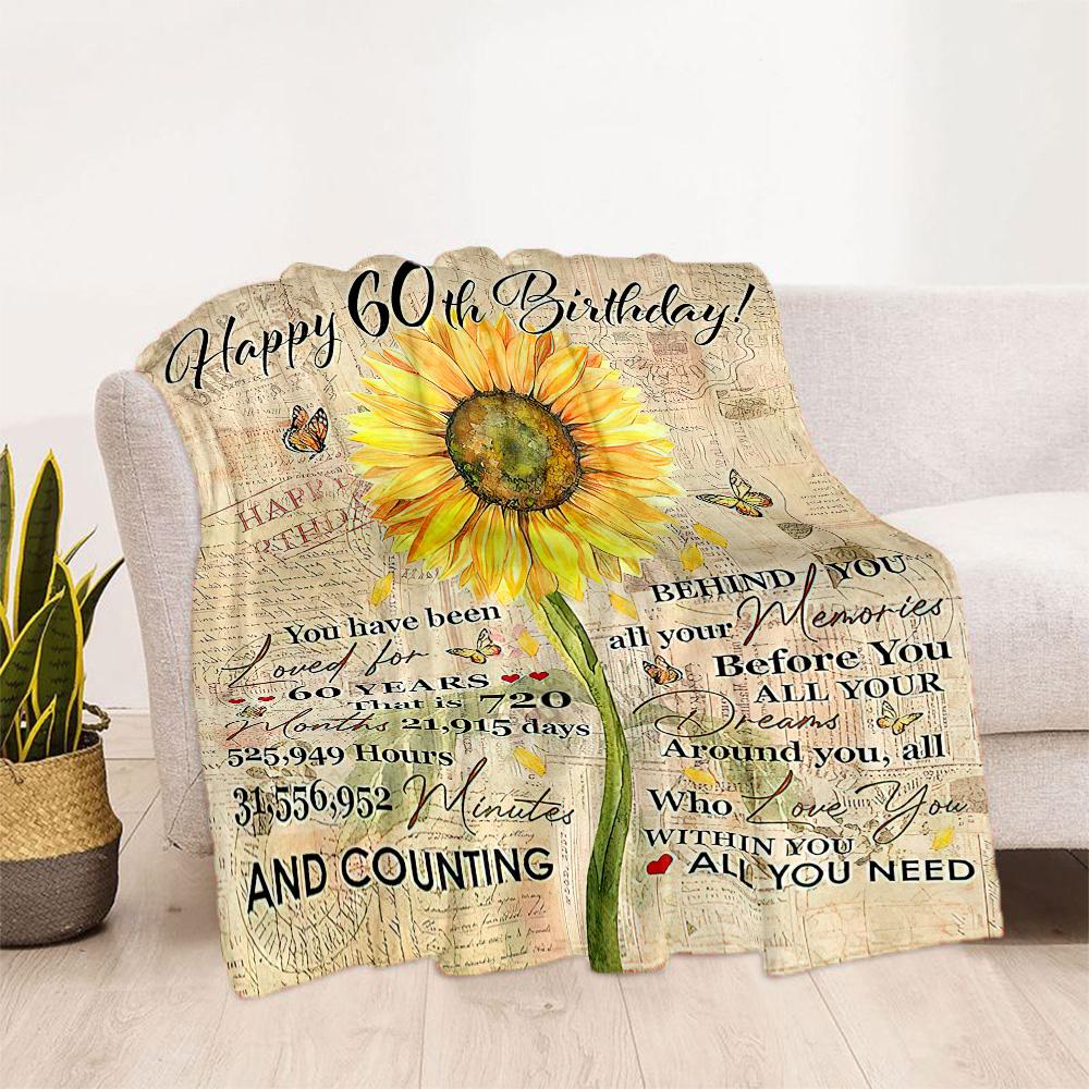 Happy 60th Birthday Sunflower flannel,Lightweight,Flannel Blanket,Comfortable Blanket, Sofa Blanket, Gift blankets,Holiday Gift Blanket Blankets