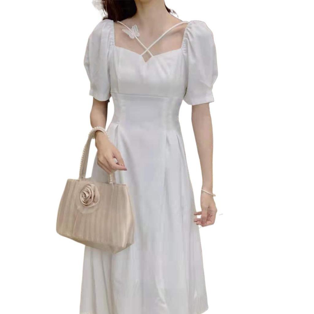 French Forest Style Square Neck White Dress - Waist-Cinching, Slimming, Gentle Summer Fairy Dress