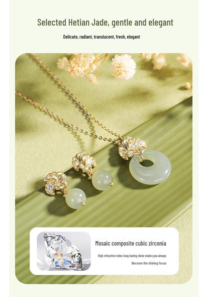 Teqia Women's S925 Sterling Silver Ginkgo Leaf Necklace with Hetian Jade Pendant