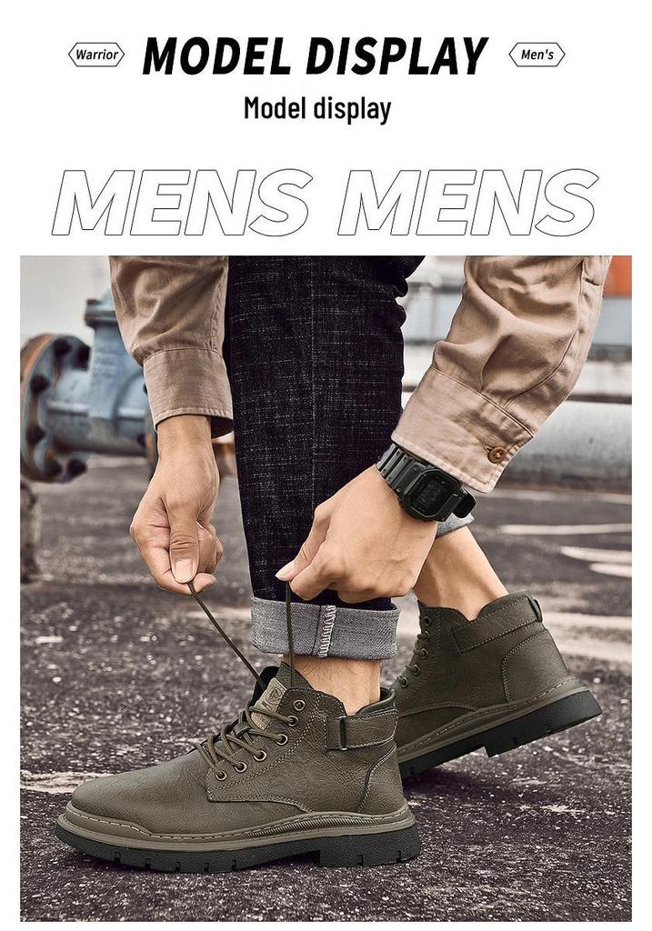 Men's High-Top Lace-Up Leather Work Boots - Autumn/Winter Casual Short Boots