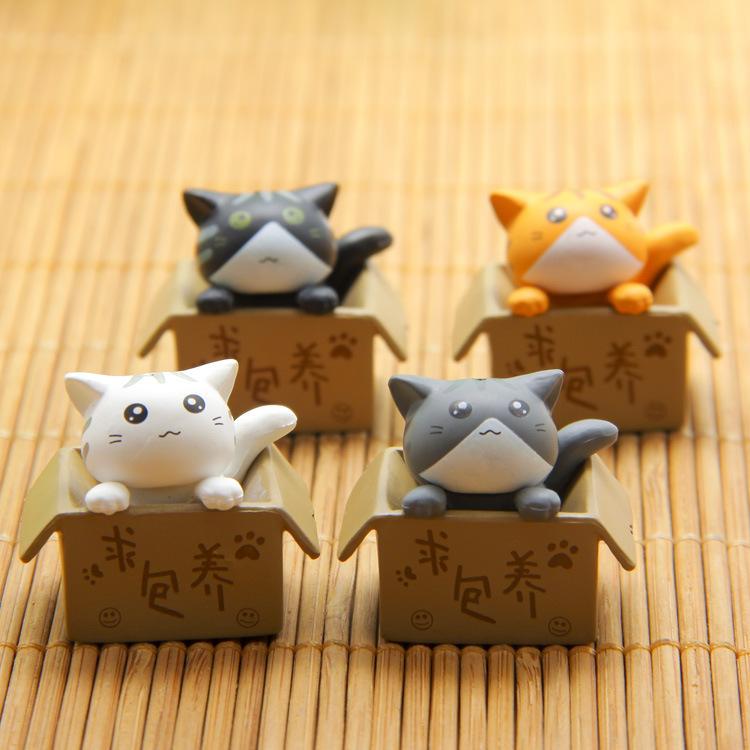 4PCS Mini Cute Landscape Cardboard Box Cat Ornaments Garden Kitten Statue Gift for Animal Miniature Figurines Home Decoration