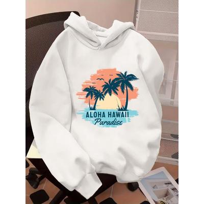 A Simple Hooded Sweatshirt With Coconut Tree Pattern Print For Boys In Autumn