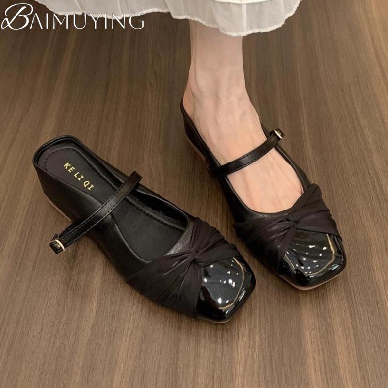 Women Slippers Flat Sandals Square Toe Marie Janes Shoes Woman Mules 2025 Trend Summer Soft Leather Loafers Shallow Sandalias