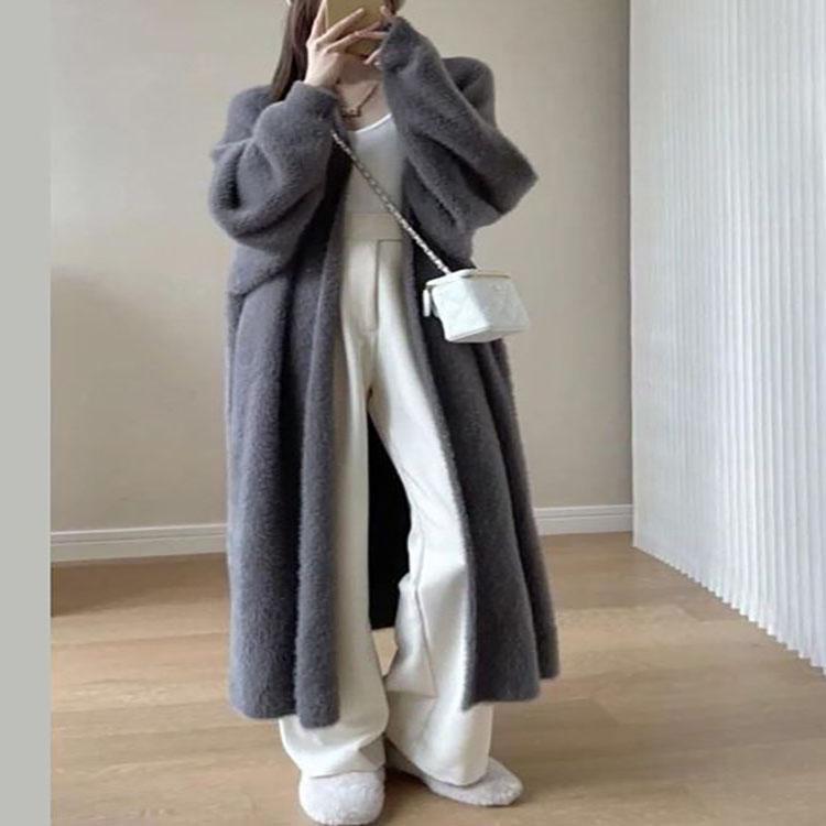 

Женская зимняя утолщенная куртка-кардиган с подкладкой, длинное пальто выше колена с V-образным вырезом, приятная для кожи теплая повседневная трикотажная куртка XXS