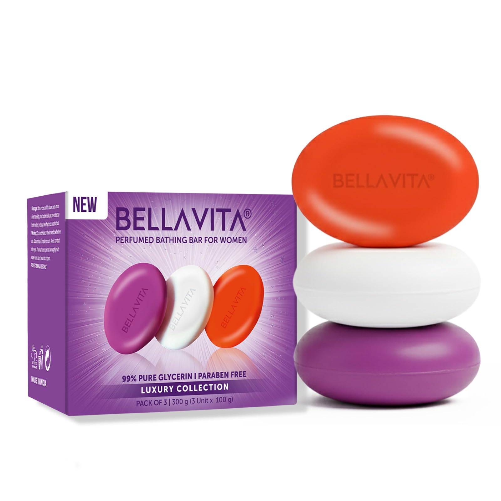 Мыло-батончик для ванны BELLAVITA Perfume для женщин 3 x 100 г с чистым глицерином для сияющей кожи | Date, Glam и White Oud | Без парабенов и SLS red